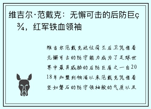 维吉尔·范戴克：无懈可击的后防巨盾，红军铁血领袖